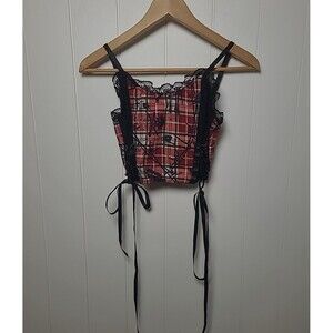 Current Mood Plaid Graphic Lace Up Crop Corset Top Summer Goth Fairy XXS